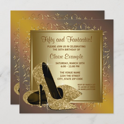 ピュア金ゴールドハイヒールウーマンバースデーパーティー 招待状 (正面/裏面)