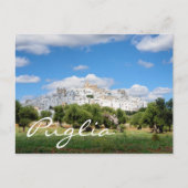 ピュリア市の葉書の白い町とオリーブの文字の木 ポストカード (正面)