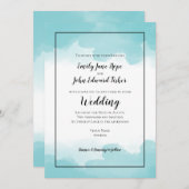 ピュリストブルーティール（緑がかった色）水彩線縁ど結婚の色 招待状 (正面/裏面)