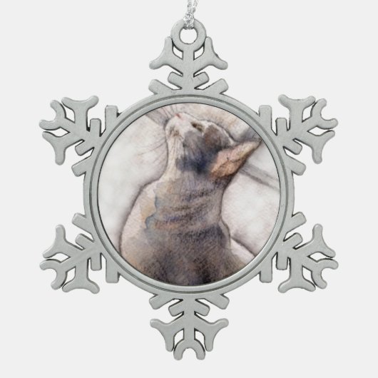 ピューターの雪片のオーナメントの灰色のタキシード猫 スノーフレークピューターオーナメント (正面)