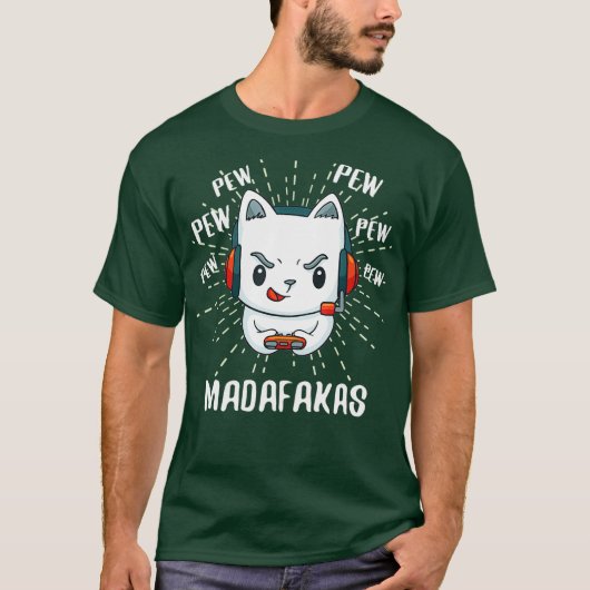 ピュー熱狂するマダファカス猫ゲーミングゲーマーおもしろい猫 Tシャツ (正面)