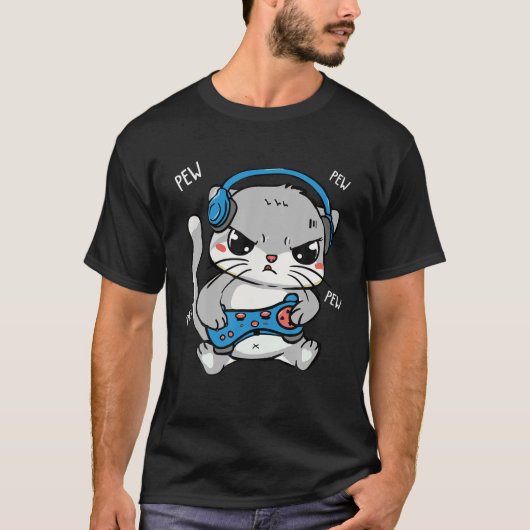 ピュー・ピュー・ゲーマーキャットビデオゲーマーと猫好き Tシャツ (正面)