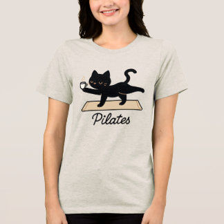 ピラティス猫 - コーヒーを持った黒猫 トライブレンドTシャツ