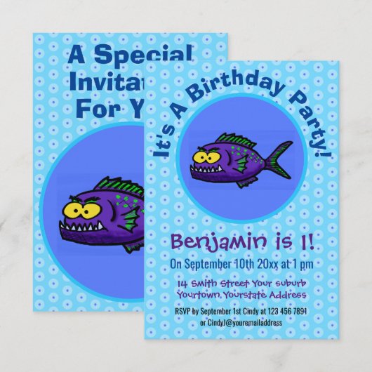 ピラニア魚の漫画 招待状 (正面/裏面)