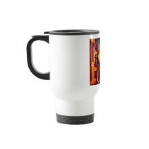 ピラミッドを見つめるコーヒーを飲むアンドロイド