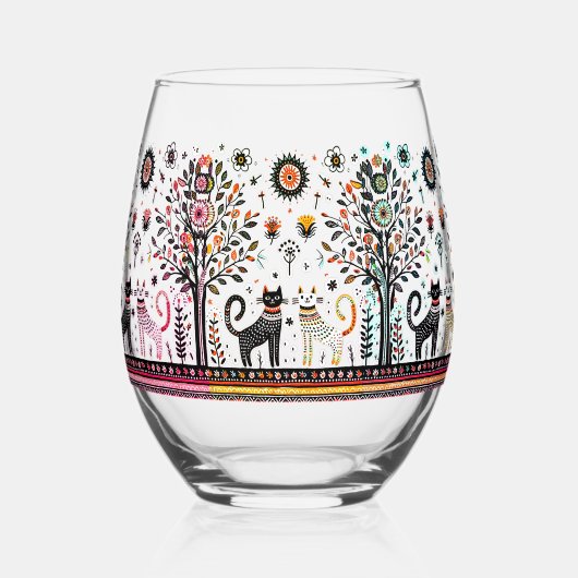 ピラミ猫とエジプト猫2匹 ステムなしワイングラス (正面)