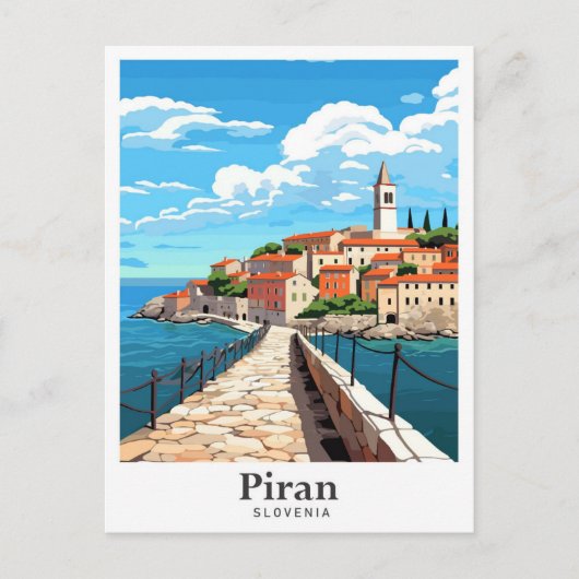ピランスロヴェニアアートヴィンテージトラベルイラストレーション ポストカード (正面)