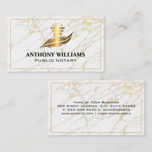 ピラーフェザーロゴ | 金ゴールド縁ど | 大理石 名刺 (正面/裏面)