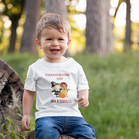 ピリグリムとネイティブアメリカンの子供たち 感謝祭 ベビーTシャツ
