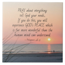 ピリピ人4:6祈すべてについて海の夕日 タイル
