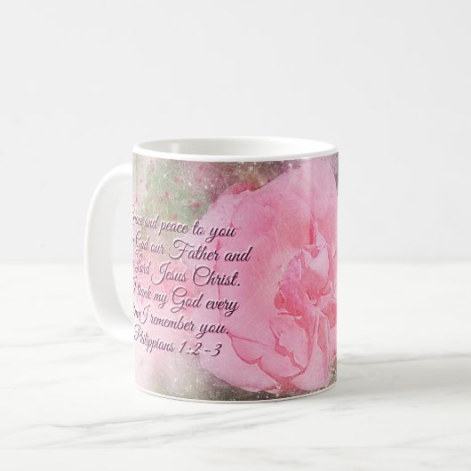 ピリピ1:2-3恵みと平和があなたにピンクのバラ コーヒーマグカップ (正面左)