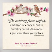 ピリピ2:3聖なる書物、 経典プリントの鳥と花 ポスター (正面)