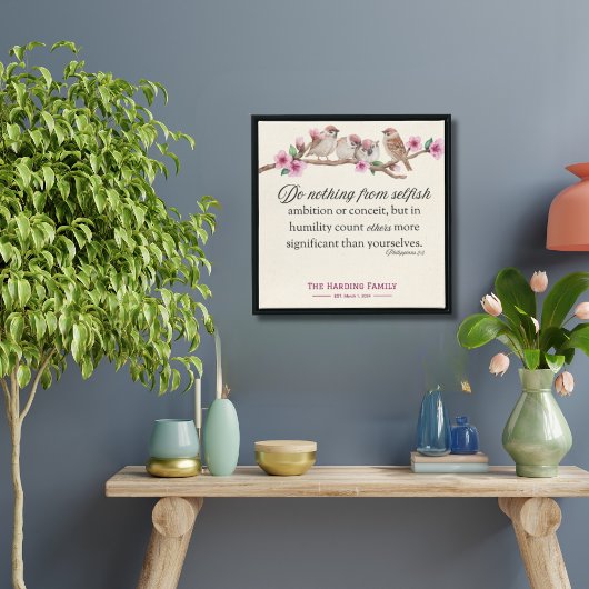 ピリピ2:3聖なる書物、 経典プリントの鳥と花 ポスター