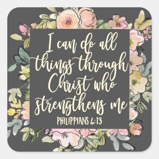 ピリピ4:13バイブル聖句パステルかわいらしフローラ スクエアシール (正面)