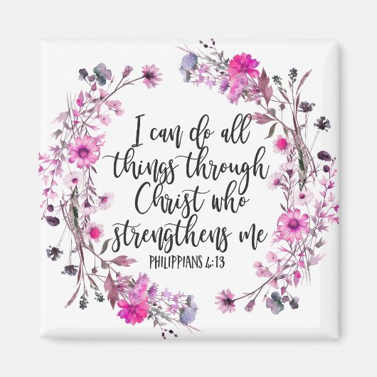 ピリピ4:13聖書の聖なる書物、 経典ピンクと紫 マグネット (正面)