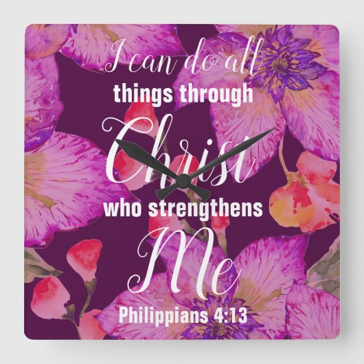 ピリピ4:13聖書の聖句フローラ スクエア壁時計 (正面)