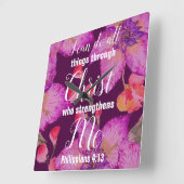 ピリピ4:13聖書の聖句フローラ スクエア壁時計 (傾斜)