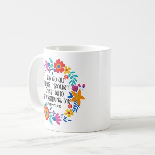 ピリピ4:13聖書聖なる書物、 経典フォークアートフローラ コーヒーマグカップ (正面左)