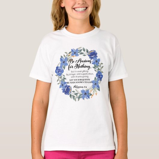 ピリピ4:6何も心配しない青いフローラ Tシャツ (正面)