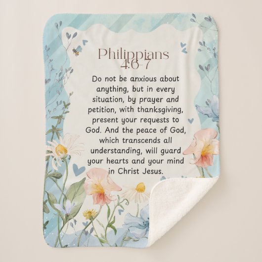 ピリピ4:6-7キリスト教聖書聖句の水色 シェルパブランケット (正面)