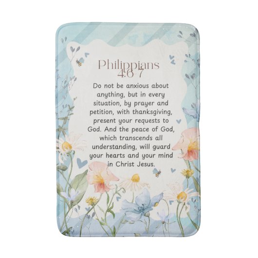 ピリピ4:6-7キリスト教聖書聖句の水色 バスマット (正面縦)