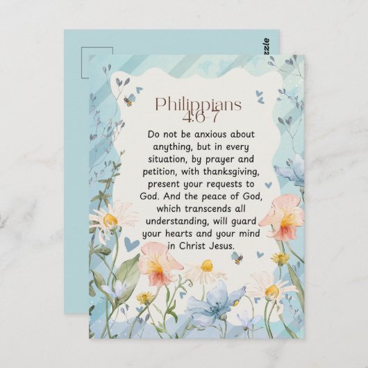 ピリピ4:6-7キリスト教聖書聖句の水色 ポストカード (正面/裏面)