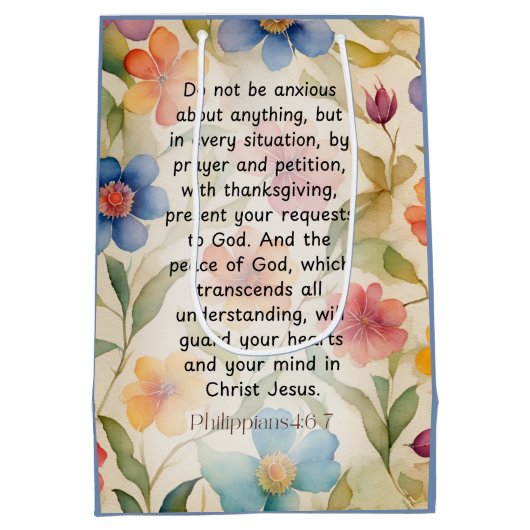 ピリピ4:6-7キリスト教聖書聖句の水色 ミディアムペーパーバッグ (裏面)