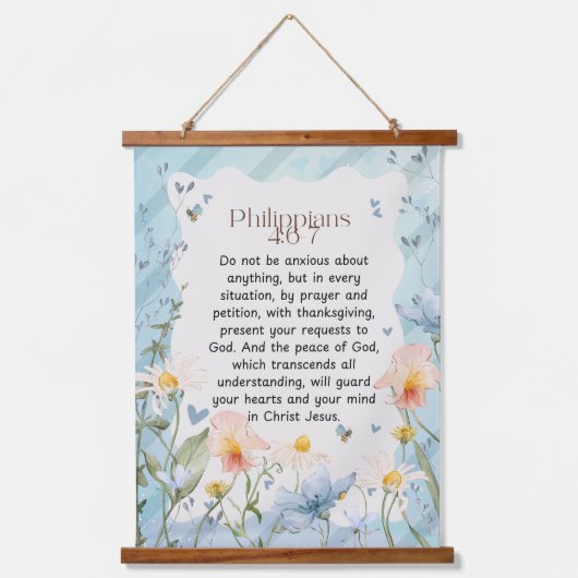 ピリピ4:6-7キリスト教聖書聖句の水色 吊り下げ型タペストリー (正面)