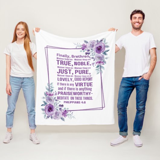 ピリピ4:8高貴な聖書聖句パープルフローラ フリースブランケット (インサイチュ)