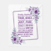 ピリピ4:8高貴な聖書聖句パープルフローラ フリースブランケット (正面)