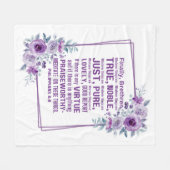 ピリピ4:8高貴な聖書聖句パープルフローラ フリースブランケット (正面(横))