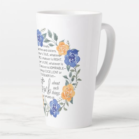 ピリピ4:8、ノーブルは何であれ、フローラリース カフェラテマグ (右アングル)