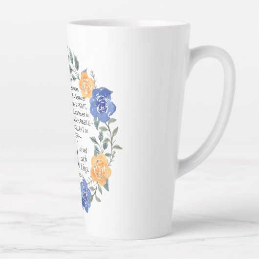 ピリピ4:8、ノーブルは何であれ、フローラリース カフェラテマグ (右)