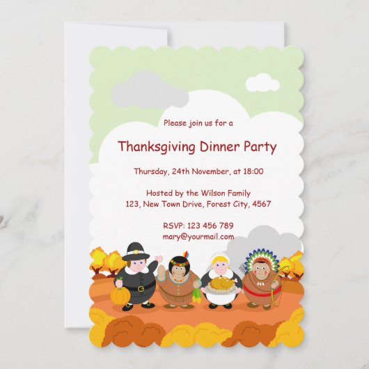 ピルグリムの父とアメリカのインディアンの漫画。 招待状 (正面)