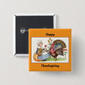 ピルグリムガール(七面鳥ボタン付) 缶バッジ (正面&裏面)