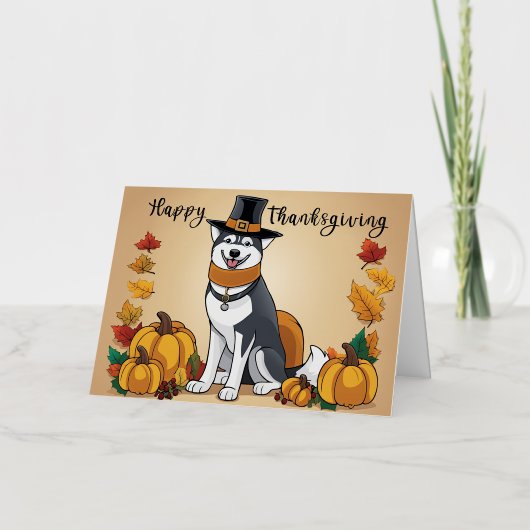 ピルグリムハットのハスキー犬 – Happy Thanksgiving 箔シーズンカード (正面)