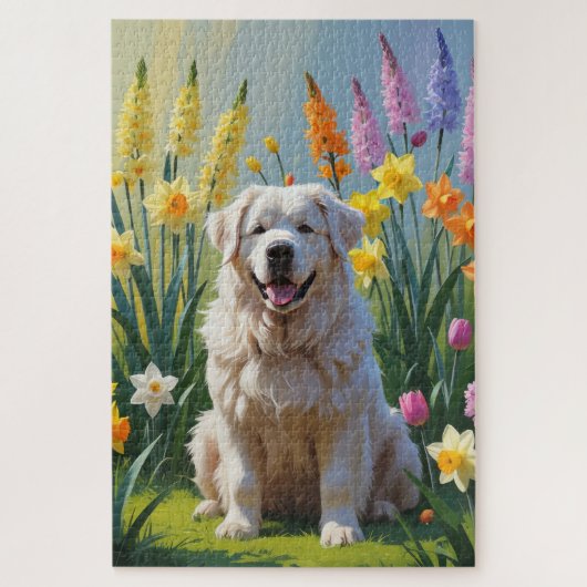 ピレネー犬と春の花の絵画 ジグソーパズル (縦)