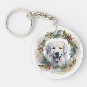 ピレネー犬のクリスマスリース 冬のワンちゃん キーホルダー