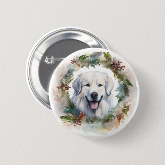 ピレネー犬のクリスマスリース 幸せな犬 缶バッジ (正面&裏面)