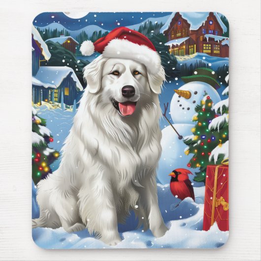 ピレネー犬の冬の世界 クリスマスの喜び マウスパッド (正面)