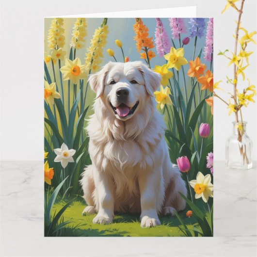 ピレネー犬の春の花の絵 カード (黄色い花)
