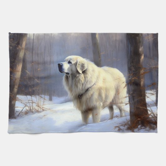 ピレネー犬 雪のクリスマス キッチンタオル (横)