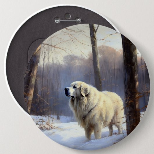ピレネー犬 雪の日 クリスマス 缶バッジ (正面&裏面)