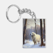 ピレネー素晴らしズが雪のクリスマスを過ごす キーホルダー (正面左)