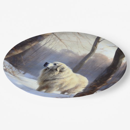 ピレネー素晴らしズが雪のクリスマスを過ごす ペーパープレート (アングル)