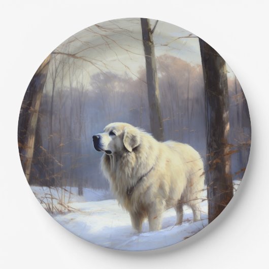 ピレネー素晴らしズが雪のクリスマスを過ごす ペーパープレート (正面)