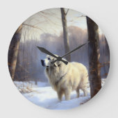 ピレネー素晴らしズが雪のクリスマスを過ごす ラージ壁時計 (正面)