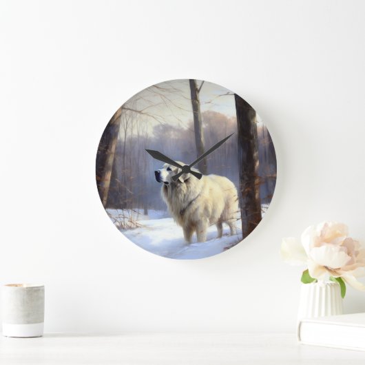 ピレネー素晴らしズが雪のクリスマスを過ごす ラージ壁時計 (ホーム)