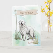 ピレネー素晴らしズは誕生日標識の下で犬を育てる カード (黄色い花)