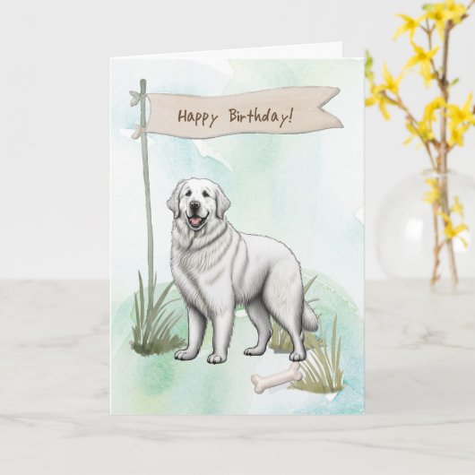 ピレネー素晴らしズは誕生日標識の下で犬を育てる カード (黄色い花)